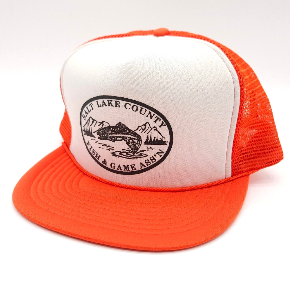 Vintage Salt Lake County Fish & Game‎ Snapback Mesh Trucker Orange Hat Rope Cap